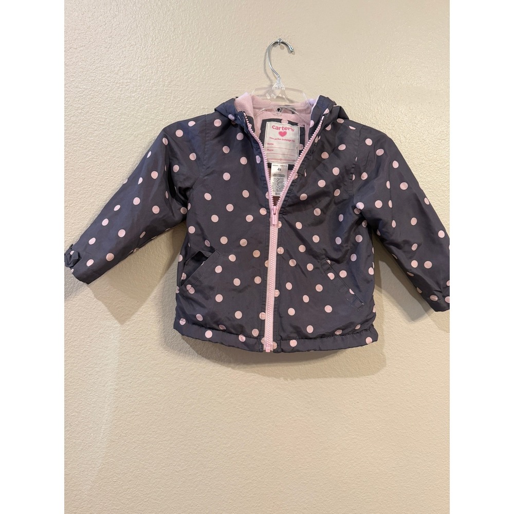 Carters Girls 4T Puffer Jacket Gray Pink Polka Dot Fleece Lined Hooded CT-SZ1725